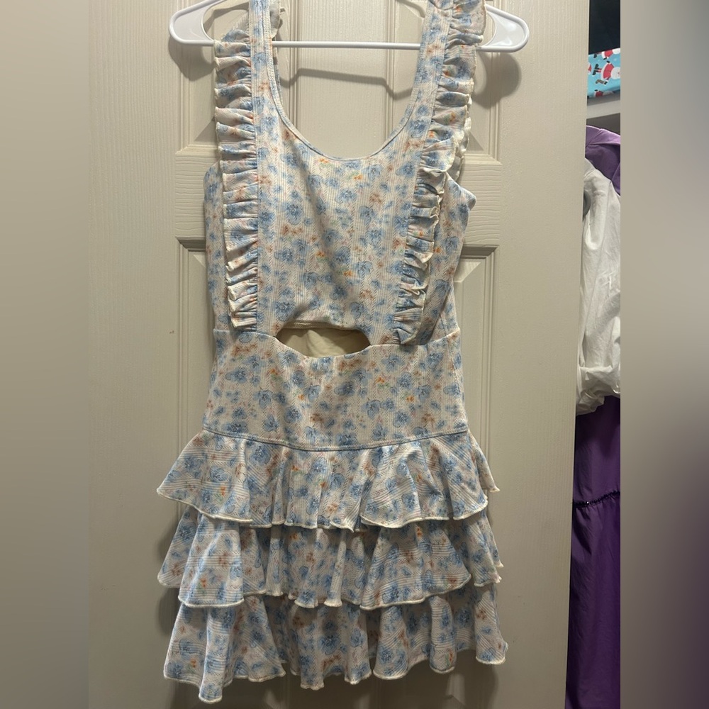 TCEC Floral Ruffle Mini Dress - Blue and Cream